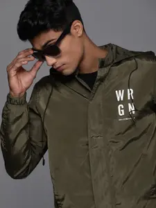 WROGN Men Olive Green Printed Slim Fit Hooded Tailored Jacket