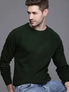 WROGN Men Olive Green Self Design Pullover Sweater