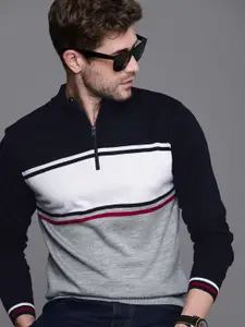 WROGN Men Navy Blue & Grey Colourblocked Mock-Collar Pullover Sweater