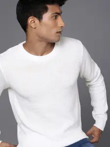 WROGN Men White Ribbed Round Neck Pullover Sweater