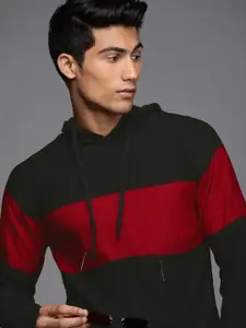 WROGN Men Black & Red Colourblocked Hooded Pullover Sweater