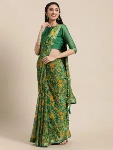 Satrani Green & Yellow Floral Pure Chiffon Saree