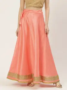 Studio Shringaar Pink & Golden Solid Lehenga Skirt with Zari Border