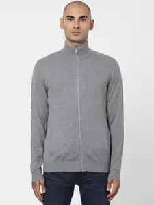 Jack & Jones Men Grey Cotton Front-Open with Zip Detail Sweater
