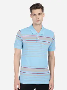 Crocodile Men Blue & plein air Striped Polo Collar Pockets Slim Fit T-shirt