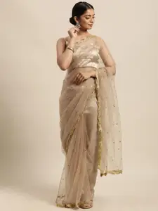 Janasya Brown Embellished Sequinned Net Saree