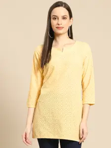 Prakrti Yellow Chikankari Embroidered Pure Cotton Straight Kurti