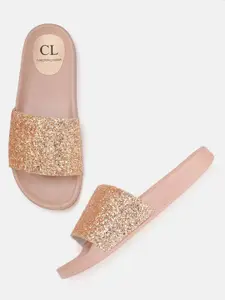 Carlton London Women Gold-Toned Glitter Open Toe Flats