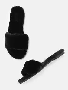 Carlton London Women Black Solid Faux Fur Open Toe Flats