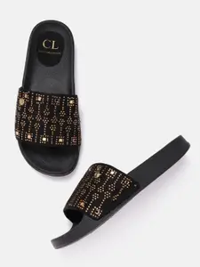 Carlton London Women Black & Gold-Toned Embellished Open Toe Flats