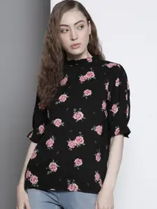 One Femme Black & Pink Floral Print Regular Top