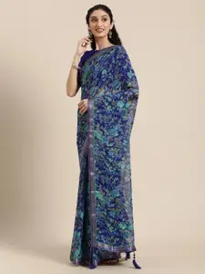 Satrani Blue & Sea Green Floral Pure Chiffon Saree