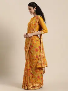 Satrani Yellow & Red Floral Pure Chiffon Saree