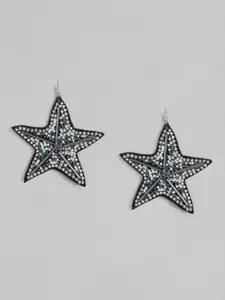 RICHEERA Black & Silver-Toned Star Shaped Drop Earrings