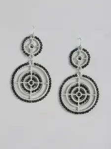 RICHEERA Black & Silver-Toned Circular Drop Earrings