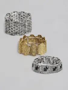 Kord Store Women Set of 3 Silver-Toned & Gold-Toned Oxidised Charm Bracelet