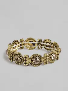 Kord Store Women Antique Gold-Plated Stone-Studded Textured Elasticated Bracelet