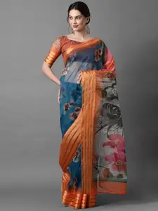Mitera Navy Blue & Grey Floral Zari Organza Saree
