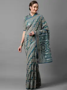 Mitera Grey & Blue Mirror Work Brasso Saree