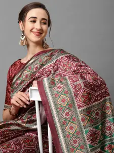 Mitera Maroon & Green Ethnic Motifs Silk Blend Patola Saree