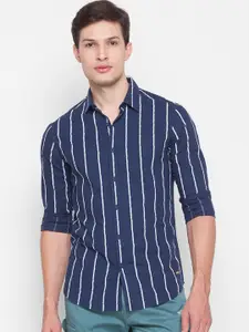 SPYKAR Men Blue Slim Fit Opaque Vertical Striped Cotton Casual Shirt