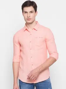 SPYKAR Men Peach-Coloured Slim Fit Opaque Cotton Casual Shirt