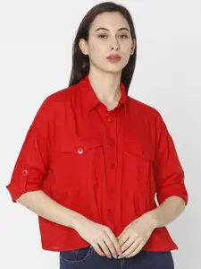 SPYKAR Red Roll-Up Sleeves Pure Cotton Shirt Style Top