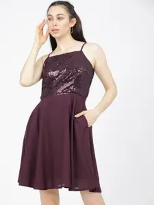 Tokyo Talkies Women Maroon Sequined Embellished Georgette Dress