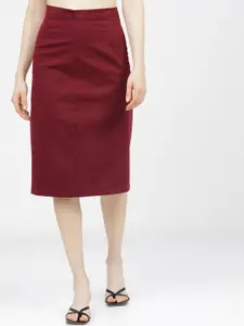 Tokyo Talkies Women Cotton Maroon Solid Straight-Fit Pencil Midi Skirt