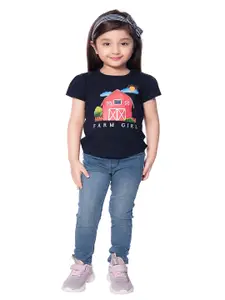 Tiny Baby Girls Navy Blue & Red Printed Puff Sleeves T-shirt