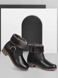Alishtezia Black Textured PU Block Heeled Boots