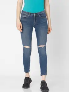 SPYKAR Women Blue Skinny Fit Low-Rise Slash Knee Light Fade Jeans