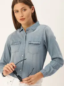 AND Blue Faded Shirt Collar Cuffed Sleeves Pocket Detailing Denim Shirt Style Top