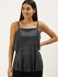 AND Women Black & Silver-Coloured Self-Design Layered Top
