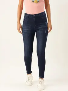 AND Women Blue Straight Fit Low Distress Light Fade Stretchable Jeans