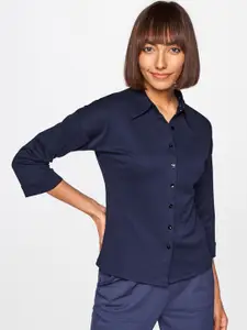 AND Women Navy Blue Solid Casual Shirt
