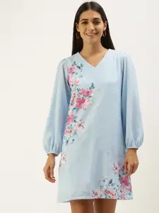 AND Blue Floral A-Line Puff Sleeve Dress