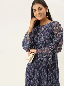 AND Multicoloured Floral Accordion Pleats Bell Sleeves A-Line Dress