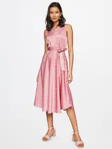 AND Pink & White Polka Dots Printed Midi Dress with Waist Tie-Ups