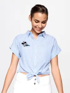 AND Blue & White Striped Shirt Style Pure Cotton Crop Top with Waist Tie-Ups