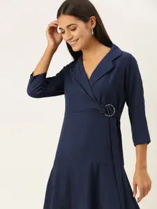 AND Navy Blue Buckle Detailed Tiered Wrap Dress