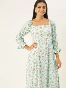 AND Green & Pink Floral Smocked Puff Sleeves A-Line Midi Dress
