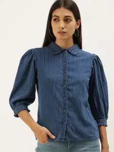 AND Women Blue & White Striped Pure Cotton Shirt Style Top