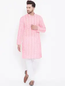 VASTRAMAY Men Pink & White Paisley Embroidered Chikankari Pure Cotton Kurta with Churidar
