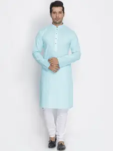 VASTRAMAY Men Blue & White Solid Regular Kurta with Churidar