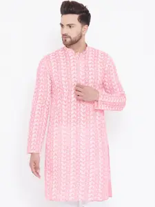 VASTRAMAY Men Pink & White Paisley Embroidered Chikankari Pure Cotton Kurta