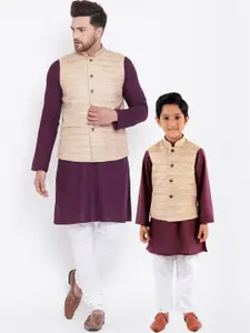 VASTRAMAY Men Purple & White Kurta with Churidar & Jacket
