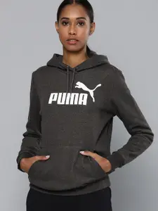 Puma Women Grey Printed Essentials Logo Full-Zip Hooded Sweatshirt