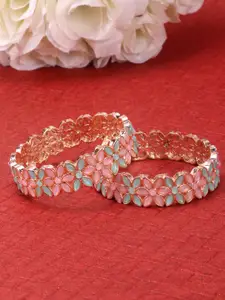 JEWELS GEHNA Set Of 2 Gold-Plated Pink & Turquoise Blue Stone-Studded Handcrafted Bangles