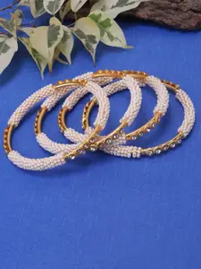 JEWELS GEHNA Set of 4 Gold Plated & White Pearl and Stone Studded Handcrafted Bangles`